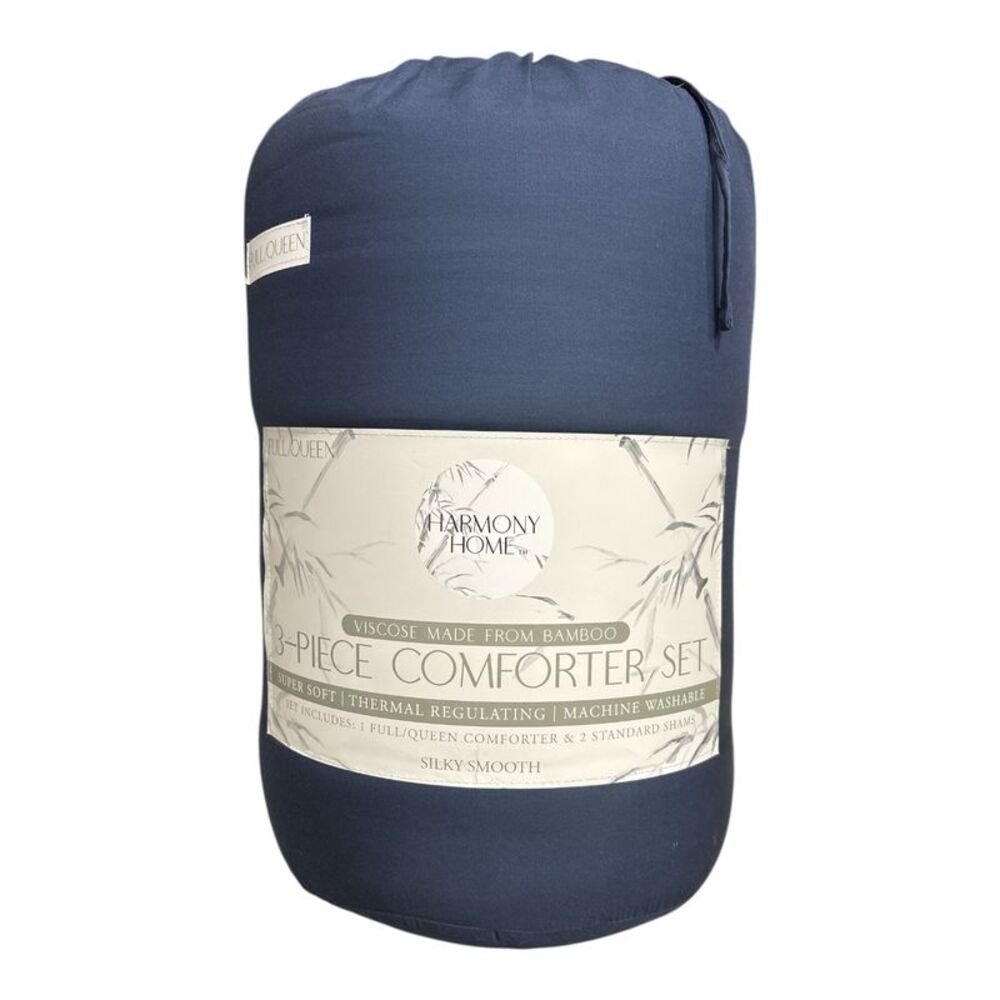Navy - Harmony Home Soft Viscose Thermal Regulating 3 Piece Comforter Set, Full/